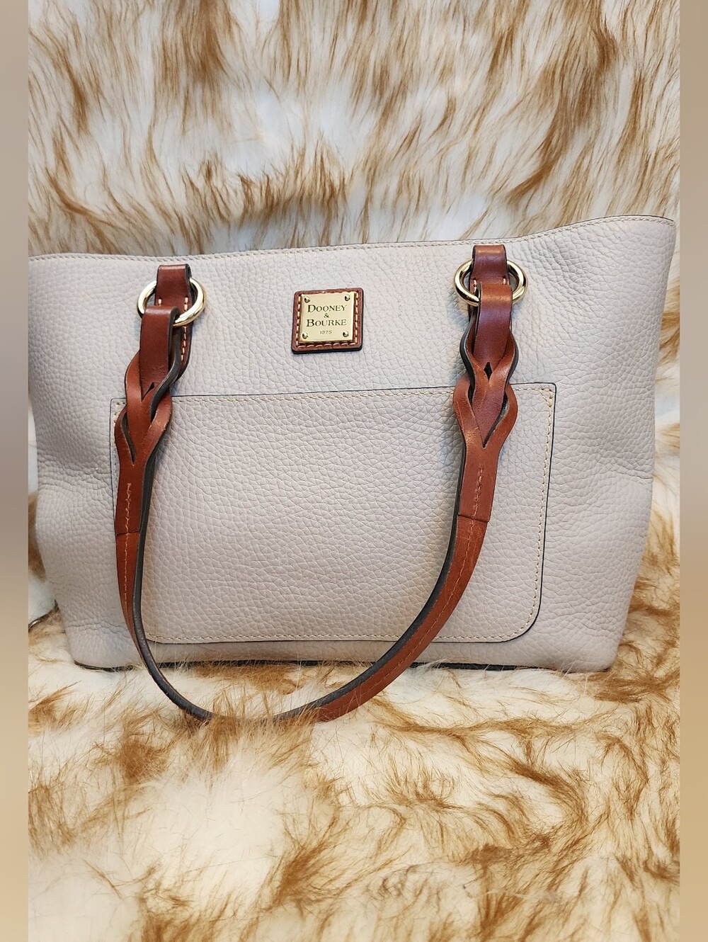 Dooney & Bourke Cream Pebbled Leather Shoulder Tote with Brown Braided Straps